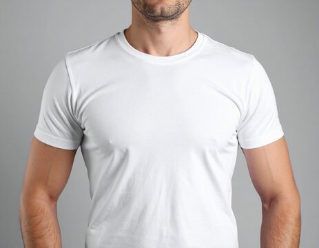 Simple white crew-neck tee on an unidentifiable man, ideal for various design mockups