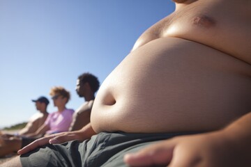 Diverse group relaxing on beach with focus on male belly in sunshine