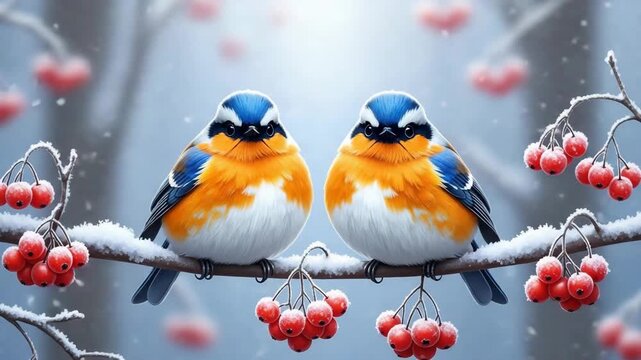 Two colorful birds with affectionate mood perched together on snowy branch against soft winter background with copy space