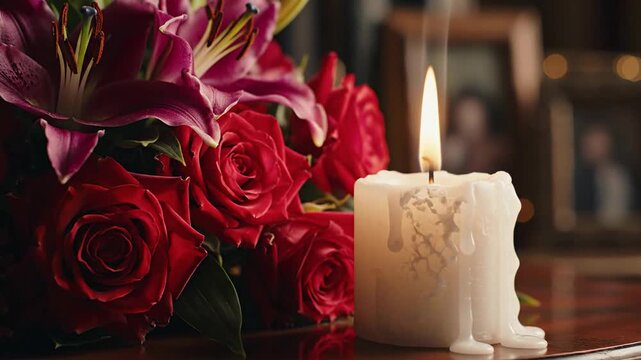 Memorial candle and roses near portraits.