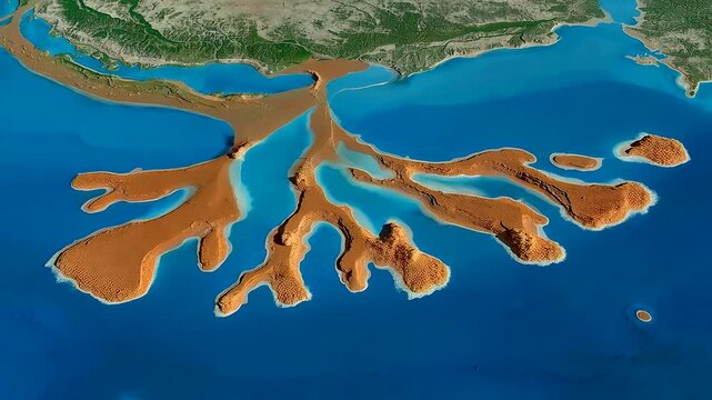Satellite top down view of a river mouth forming fan shaped sediment islands as fast forward flow builds new land into the ocean
