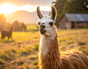 Llama portrait in a sunlit field, with mountains and a shed in background, bathed in warm, golden hour light