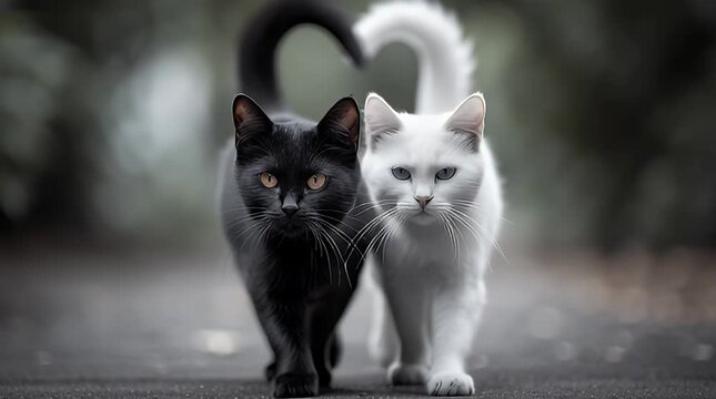 Schwarze und wei&szlig;e Katze gehen gemeinsam &ndash; Symbol f&uuml;r Harmonie und Gegens&auml;tze