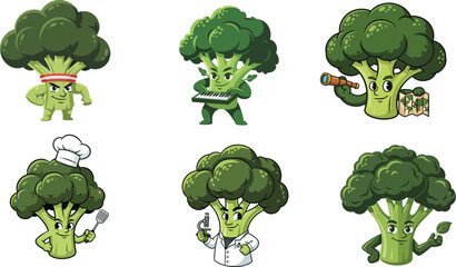 broccoli mascot character collection flat food vector