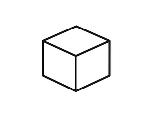 Isometric outline of a cube, rendered in black lines on a white background, simple geometric shape
