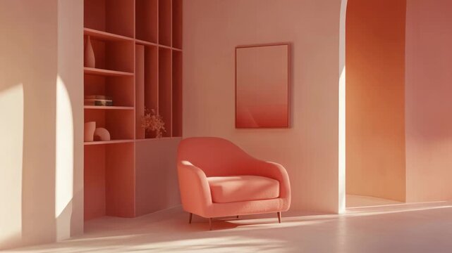 This is a modern art room with a minimalist interior design. The color scheme features pink and beige, with abstract painting on the wall as the centerpiece. A lounge chair sits in the corner next to