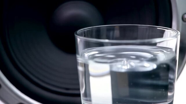 Slow motion macro view of a vibrating speaker cone revealing air distortion waves that ripple through space and disturb water in a glass