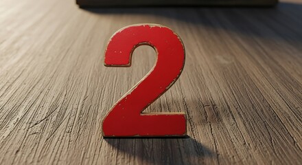 Simple red wooden number two casting a shadow on a textured wooden surface