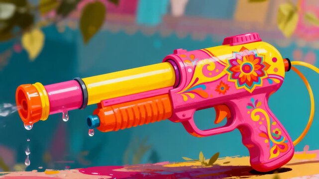 Colorful plastic water gun in playful style bright summer colors representing fun and outdoor games with copy space