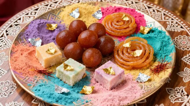Traditional Indian sweets in festive style vibrant colorful tones representing Diwali celebration and cultural heritage on decorative plate