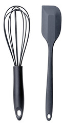 Dough whisk and spatula for scraping raw dough on an isolated background.