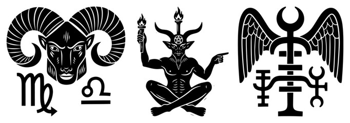 Collection of occult and esoteric symbols including baphomet and zodiac signs in rough woodcut style