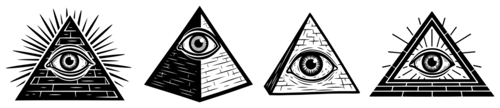 All seeing eye of providence in pyramid shape showing masonic and illuminati symbol set