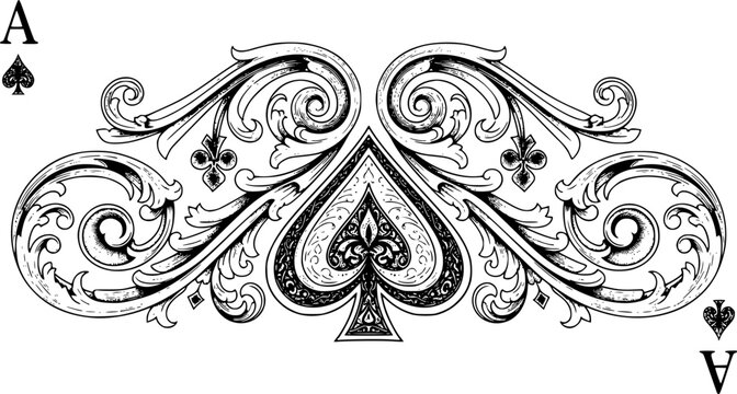 An ace of spades filigree symbol abstract playing card scroll pattern design motif in a vintage etched style
