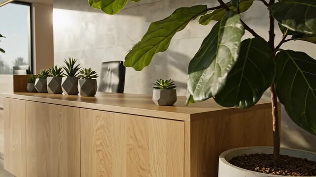 Modern office interior with wooden desk, plants, and natural light. Includes succulents and large leaves