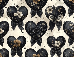 Ornate heart-shaped decorations with flowers and ribbons are arranged on a cream-colored background with speckled texture