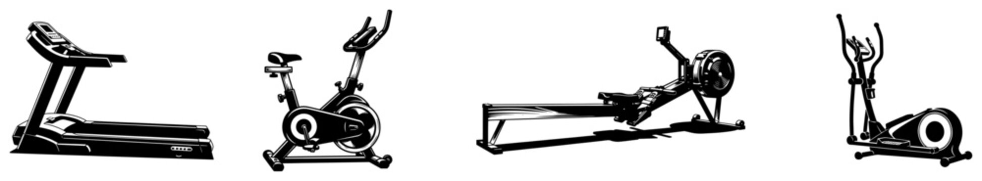 Collection of cardio gym machines including treadmill stationary bike rower and elliptical trainer sketch