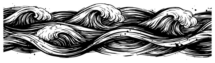 panoramic view of stormy ocean waves in vintage woodcut style