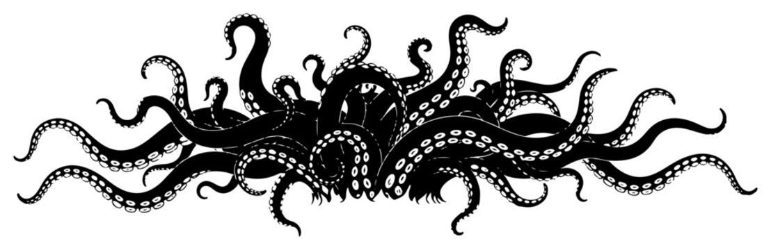horizontal composition of writhing black octopus tentacles with suction cups