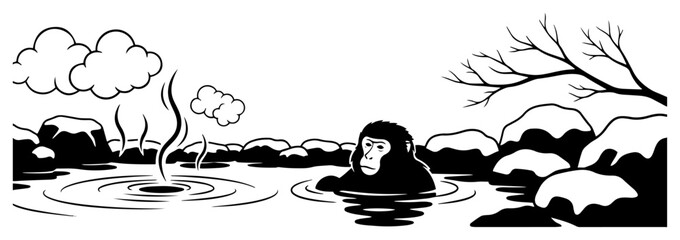 Japanese snow monkey relaxing in a natural hot spring during winter © Camel