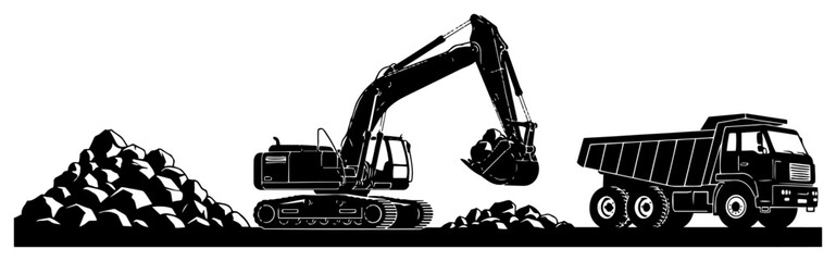 Heavy excavator digging rocks and loading a dump truck © Camel