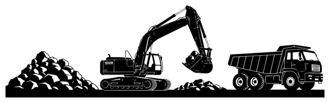 Heavy excavator digging rocks and loading a dump truck