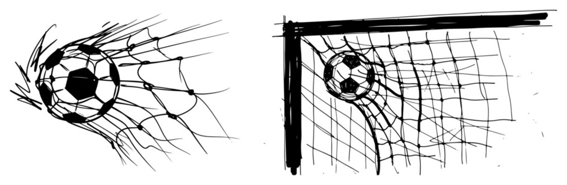 Sketch of a soccer ball hitting the goal net and scoring