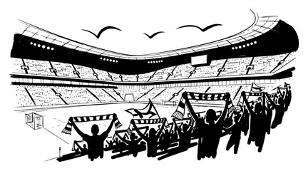 Sketch of crowded football stadium with fans holding scarves cheering during a match