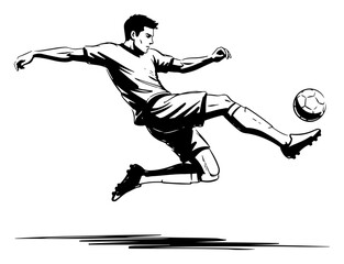 Dynamic football player kicking ball in mid air jump volley