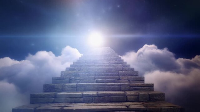 Ethereal stone staircase ascending into a divine light in the starry night sky above clouds. A spiritual metaphor for the journey to heaven, faith, success, and enlightenment
