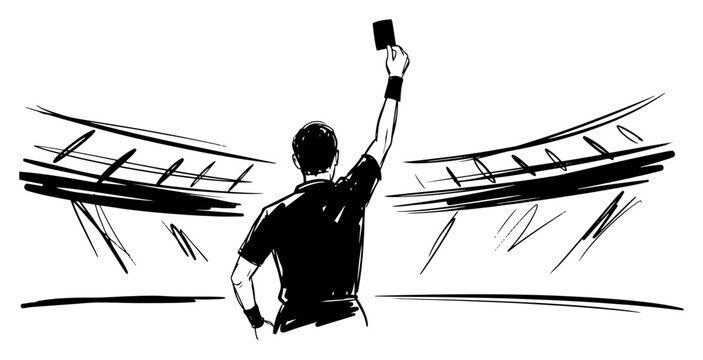 Soccer referee showing penalty card during football match sketch illustration