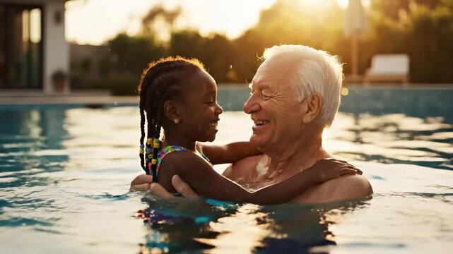Elderly man and young girl smiling and hugging in a swimming pool during a warm sunset for intergenerational family bonding concept and summer vacation