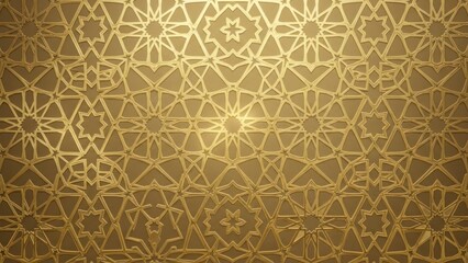Geometric pattern in gold color with intricate star and floral motifs suitable for backgrounds and designs