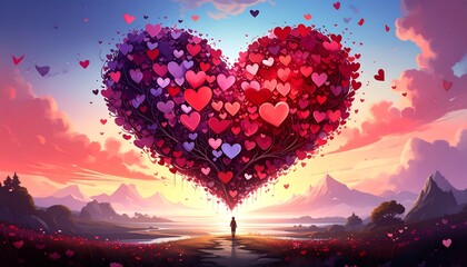 Heart-shaped tree blooms with tiny hearts, silhouetted figure stands below against the sunset sky, landscape