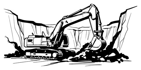 Heavy crawler excavator machine digging ground at construction site illustration © Camel