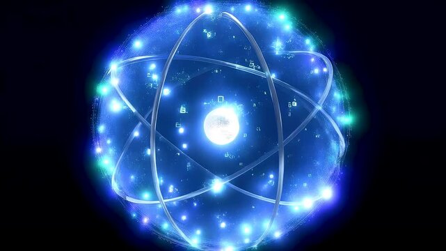 Quantum visualization of a hydrogen atom electron cloud probability model with a buzzing sphere around the nucleus and random electron flashes