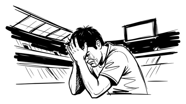 Sketch of a sad soccer player crying with head in hands after defeat