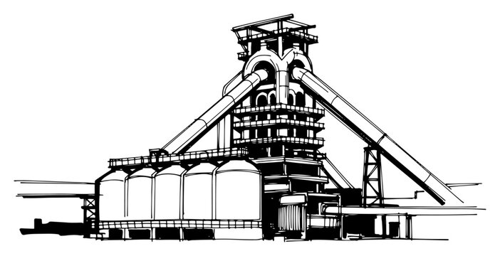 industrial coal mine complex with headframe tower and storage silos
