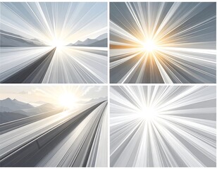 Four images of sunbursts and roads, showing travel and bright light, with mountains in the distant backgrounds