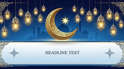 Ramadan Kareem Background with Crescent Moon Lanterns and Mosque Silhouette.