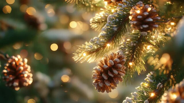 Crisp sunlight on pine branches adorned with pine cones and needles.