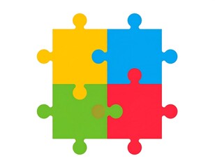 Four jigsaw pieces of yellow, blue, green, and red, fit together to form a square shape on a white background