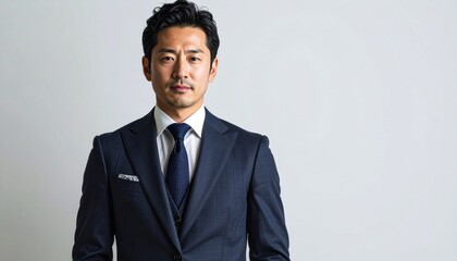 30代後半から40代前半の日本人男性ビジネスプロフェッショナルを想定。
ビスポーク調スーツによる洗練されたシルエットと上質な佇まい。
緩やかなグラデーションのミニマル背景とシネマティック照明。