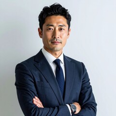 30代後半から40代前半の日本人男性ビジネスプロフェッショナルを想定。
ビスポーク調スーツによる洗練されたシルエットと上質な佇まい。
緩やかなグラデーションのミニマル背景とシネマティック照明。
