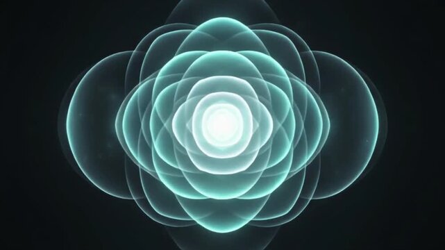Abstract glowing teal and white concentric oval shapes radiating on a dark background.