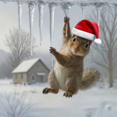 A cute squirrel, wearing a festive Santa hat, playfully hangs from an icicle as it curiously peeks through a window