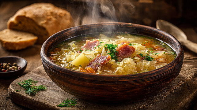 Homemade Sour Cabbage Soup Served Hot in a Rustic Bowl (Kapuśniak)