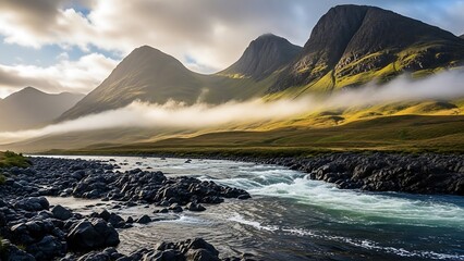 Misty Mountain River Landscape at Sunrise.