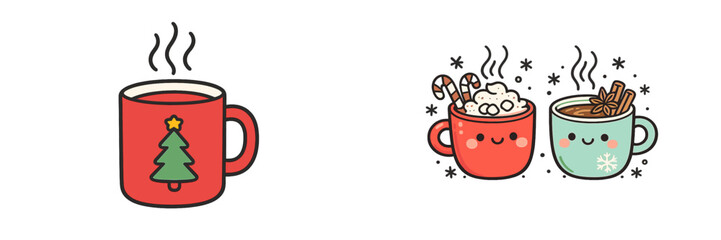 Cup with a Christmas tree and two mugs with candy canes and whipped cream during winter holiday season