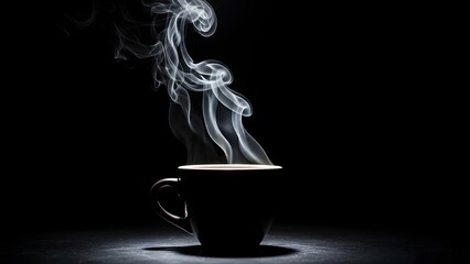 Moody still life of a coffee cup with steam, black background, cinematic lighting